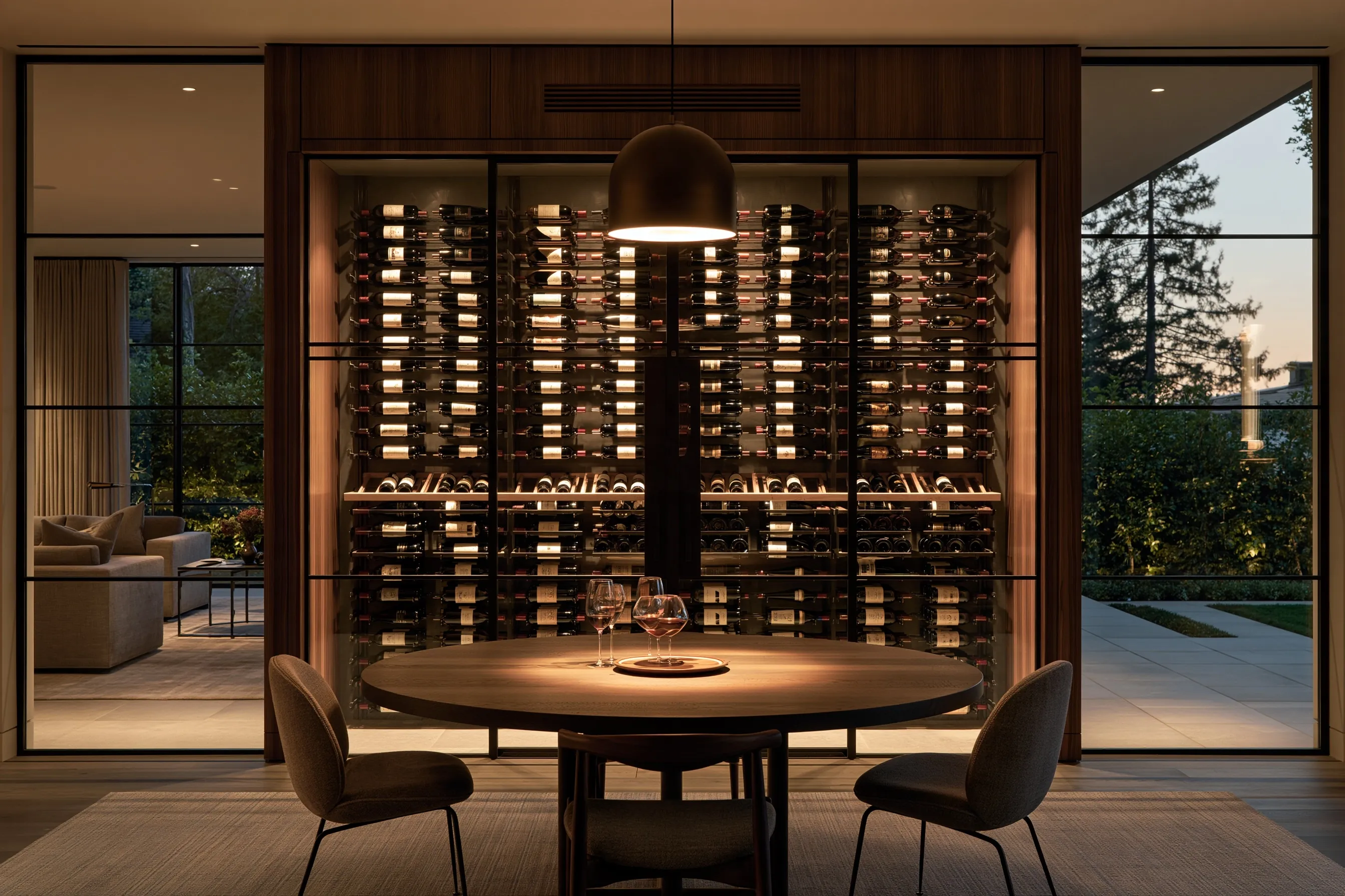 Glass-fronted wine wall with metal peg racking in a walnut surround, behind a round dining table under a pendant lamp